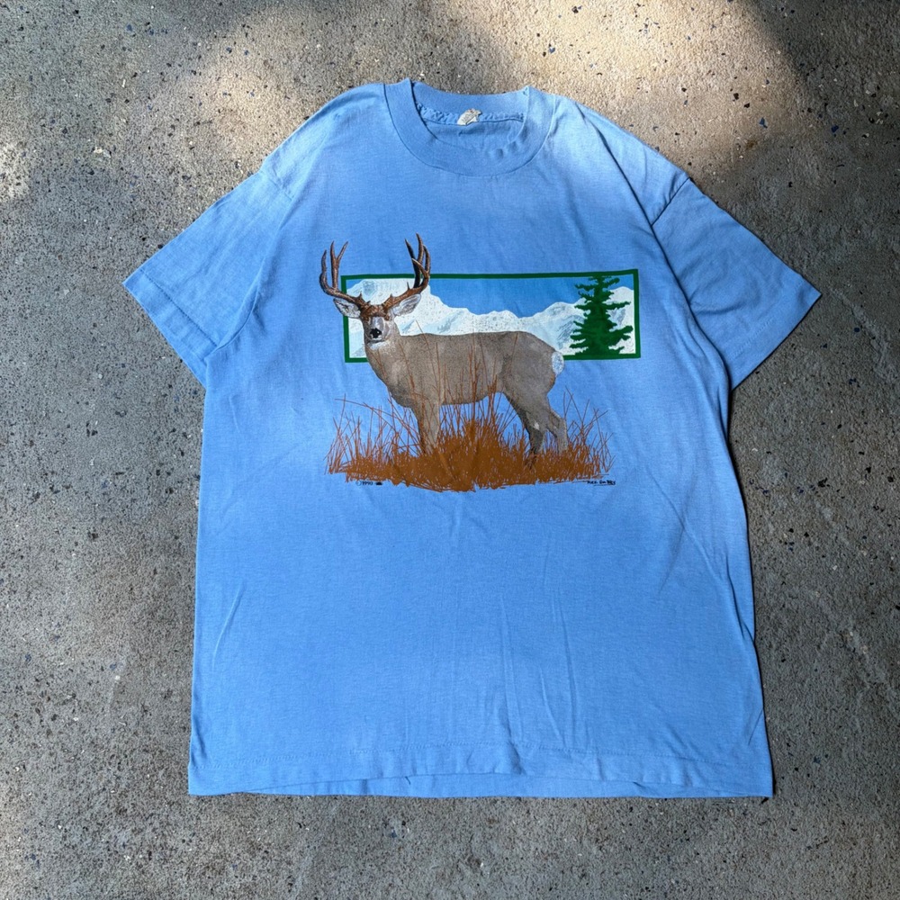Vintage 1990 Screen Stars Deer Buck Graphic T-Shirt XL Light Blue Single Stitch